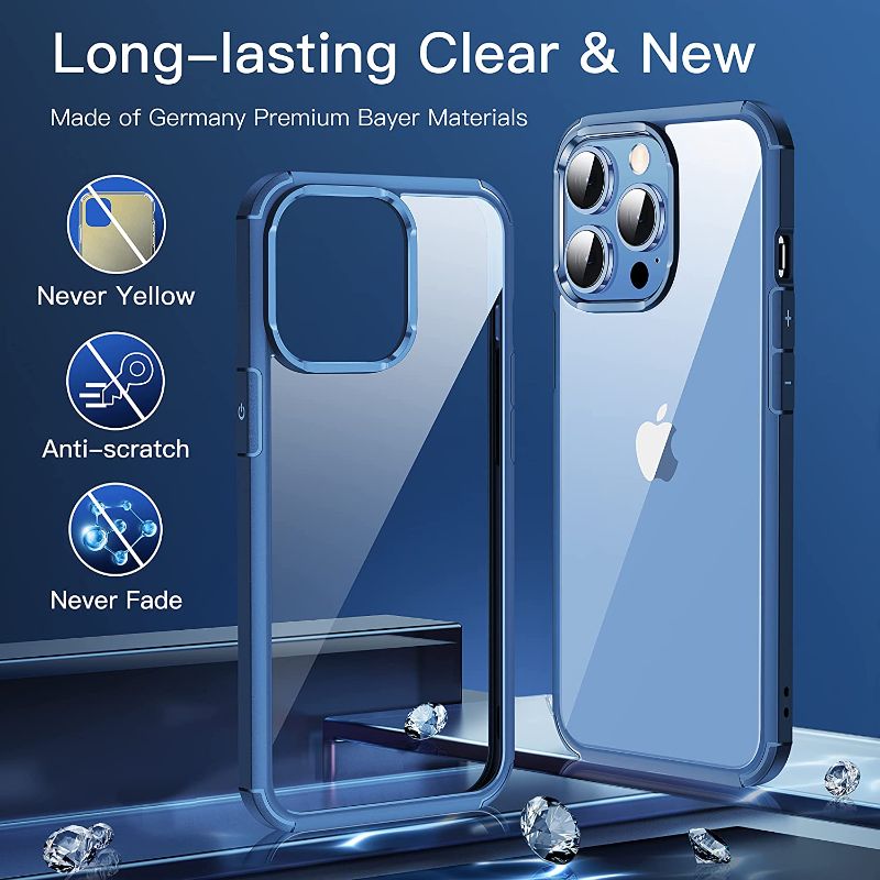 Photo 1 of CASEKOO Designed for iPhone 13 Pro Case, [10FT Military Grade Drop Tested] Clear Shockproof Protective Durable Slim Phone Case Transparent Hard Back and Soft Non-Slip Bumper Case 6.1 inch- Blue
