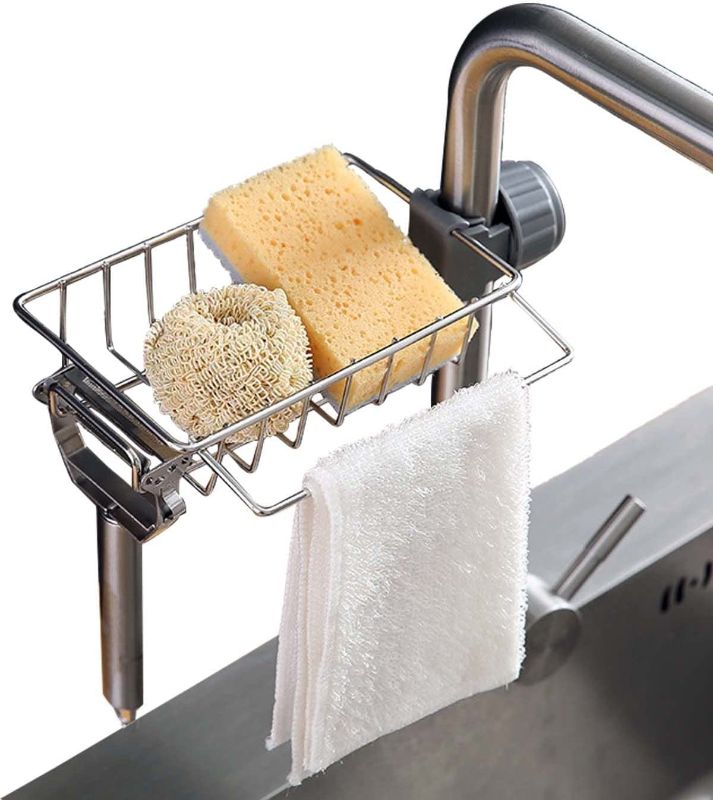 Photo 1 of 3 in 1 Sponge Holder for Kitchen Sink, Sink Area Saving Faucet Rack Stainless Steel Sink Caddy, Dish Rag Hanging