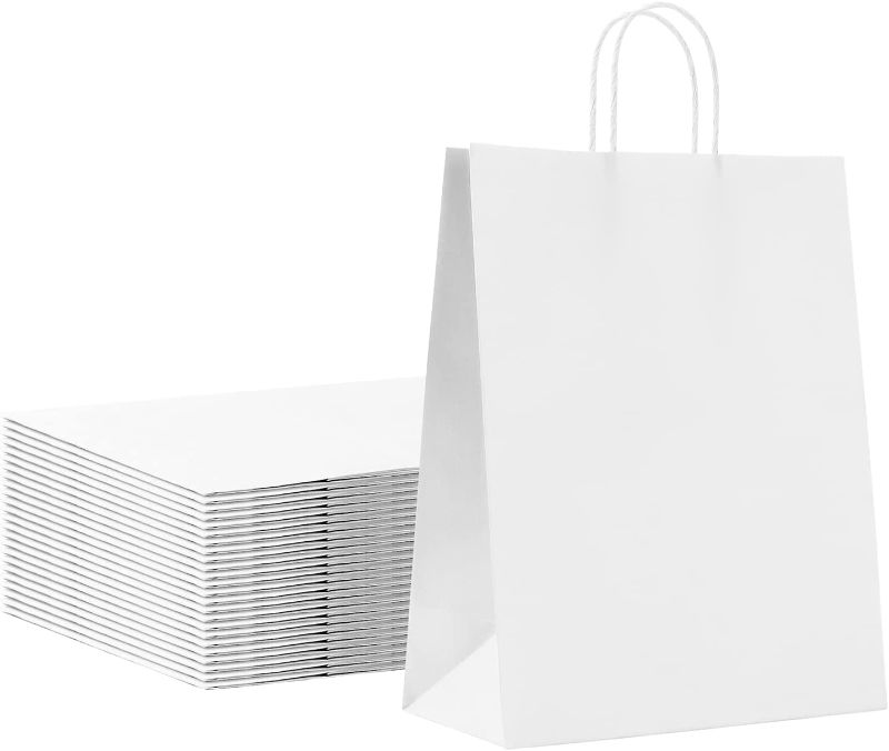Photo 1 of  White Gift Bag with Handles Pack of 25, 10x5x13 Inches Kraft Paper Bags