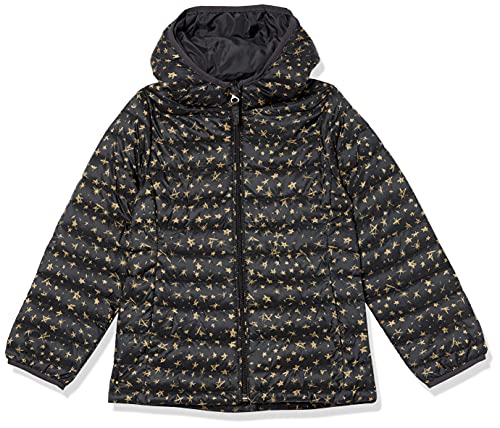 Photo 1 of Amazon Essentials Girls' Lightweight Water-Resistant Packable Hooded Puffer Jacket, Black, Stars, Small
