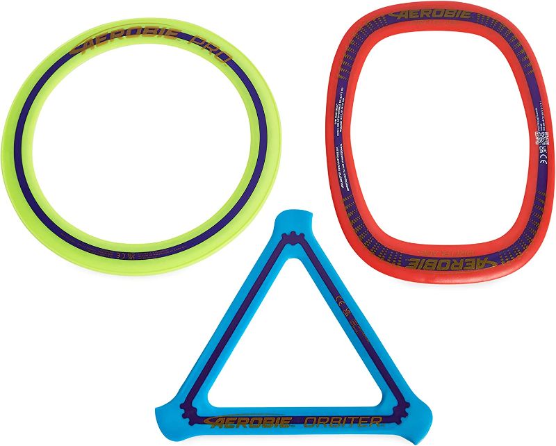 Photo 1 of Aerobie 3-Piece Flying Ring Combo Pack with Pro Ring, Orbiter Boomerang, and Pro Blade, Lightweight Kids Toys for Disc Golf & Outdoor Games, Ages 5+
