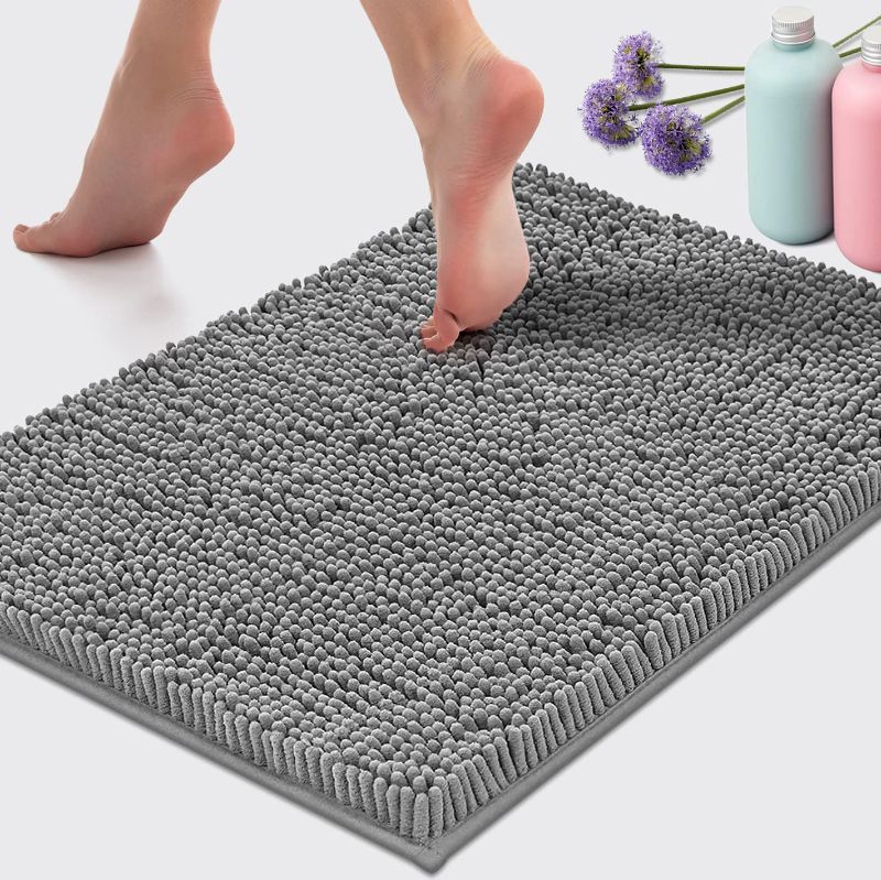 Photo 1 of Bath Mat by LuxUrux, Extra-Soft Plush Non-Slip Bathroom Rug, Luxury Chenille Microfiber Material, Super Absorbent Shaggy Bath Rug. Machine Wash & Dry (20X32 Light Grey)