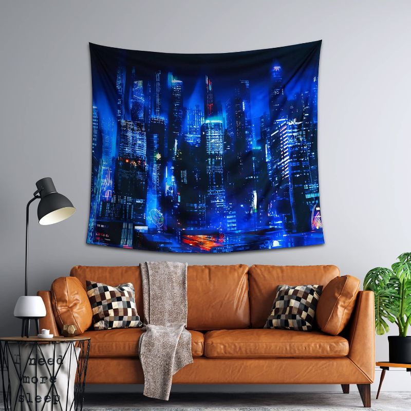 Photo 1 of ASHL Modern City Night View Tapestry Neon Punk Futuristic Skyscraper Wall Hanging for Dorm Bedroom Livingroom Decor 59.1x51.2 Inch, Blue
