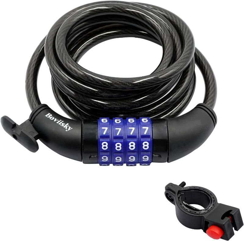 Photo 1 of Boviisky Bike Cable Lock, 4 Digit Resettable Combination Heavy Duty Bicycle Lock, 6 Feet with Mounting Bracket,5/16 Inch Diameter
