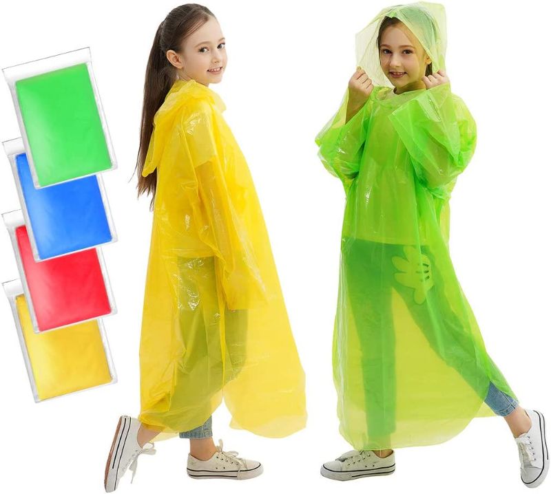 Photo 1 of Emergency Rain Poncho for Kids, Disposable Hood Poncho for Boys/Girls, 4 Colors - Red, Blue, Green, Yellow
