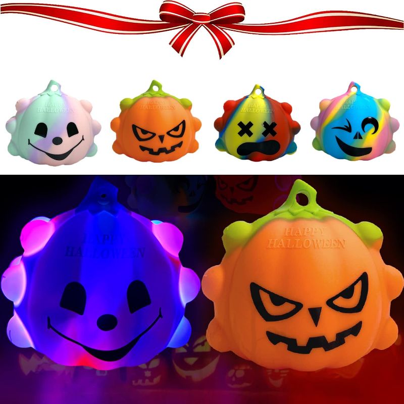 Photo 1 of 4 Pack Halloween Pumpkin Pop Fidget Toys with LED Light, 3D Push Pop Bubble Sensory Toys for Halloween Basket Stuffers, Gifts, Decoration, Halloween Thanksgiving Party Favors for Kids Adults
