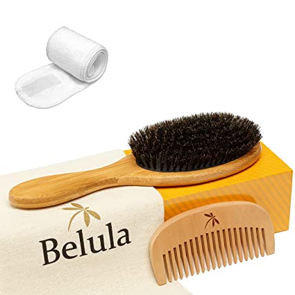 Photo 1 of Belula 100% Boar Bristle Hair Brush Set. Soft Natural Bristles for Thin and Fine Hair. Restore Shine And Texture. Wooden Comb, Travel Bag and Spa Headband Included!
