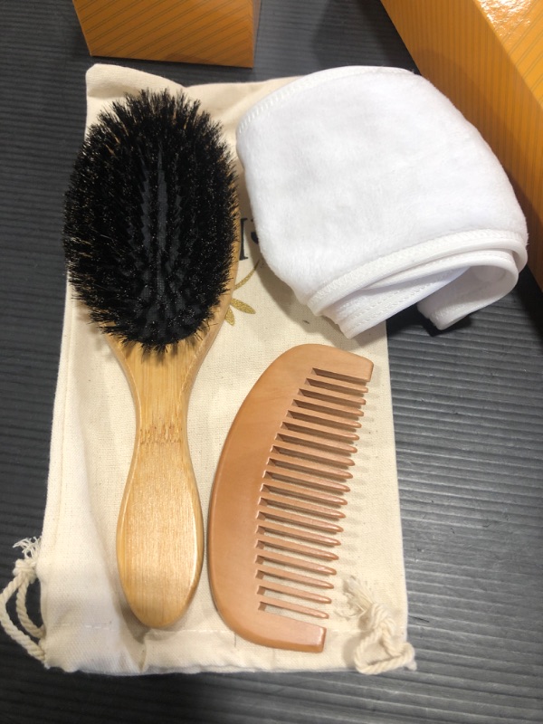 Photo 2 of Belula 100% Boar Bristle Hair Brush Set. Soft Natural Bristles for Thin and Fine Hair. Restore Shine And Texture. Wooden Comb, Travel Bag and Spa Headband Included!
