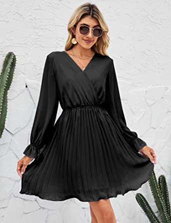 Photo 1 of  Womens Wrap V Neck Dresses for Wedding Guest Casual Pleated Long Sleeve Mini Dress