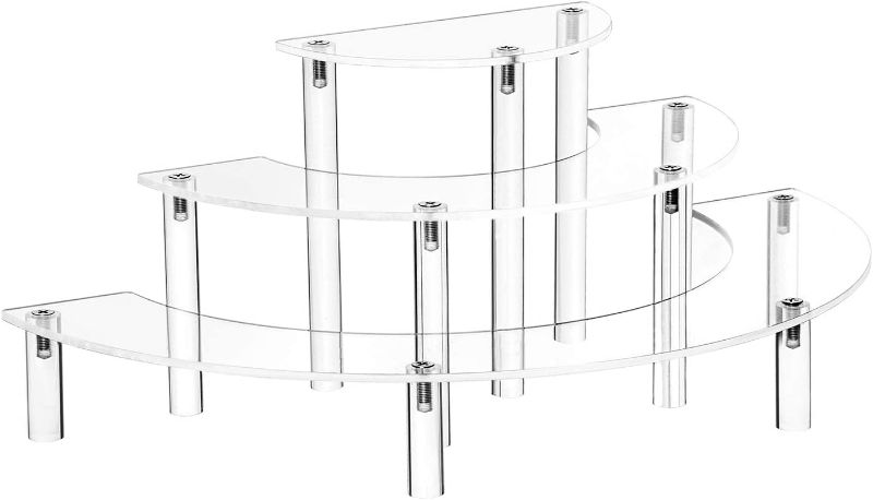 Photo 1 of Acrylic Risers Display Stand - 3 Tier Clear Step Riser- Half Moon Dessert Stand for Display Or Collections (Acrylic Rods 1 Set)