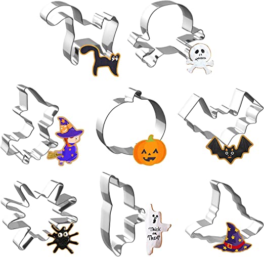 Photo 1 of 8pcs Halloween Cookie Cutters Set, Metal Biscuit Molds for Baking Bat,Cat,Witch,Pumpkin,Ghost,Spider,Skull,Witch Hat Shapes for Party Treat Decoration