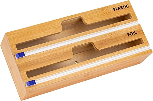 Photo 1 of 2 in 1 Bamboo Wrap Dispenser With Cutter and Labels | Multiuse Tin Foil Dispenser for 12 Inch Plastic Wrap, Aluminum Foil and Wax Paper | Bamboo Roll Organizer for Kitchen Drawers - 1 Box 2 Slots