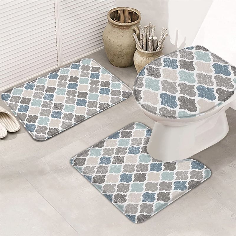 Photo 1 of 3 Piece Bath Rugs Sets,Morocco LidoQuatrefoil Geometric Pattern Toilet Sets Non Slip Bath Mat, Water Absorbent U-Shaped Contour Toilet Mat, Toilet Lid Cover, Blue Beige Brown
