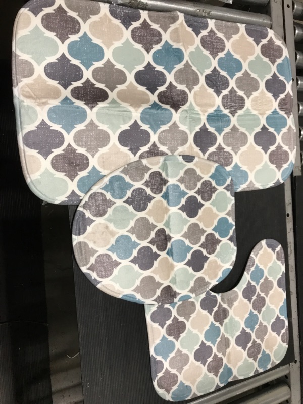 Photo 1 of 3 Piece Bath Rugs Sets,Morocco LidoQuatrefoil Geometric Pattern Toilet Sets Non Slip Bath Mat, Water Absorbent U-Shaped Contour Toilet Mat, Toilet Lid Cover, Blue Beige Brown
