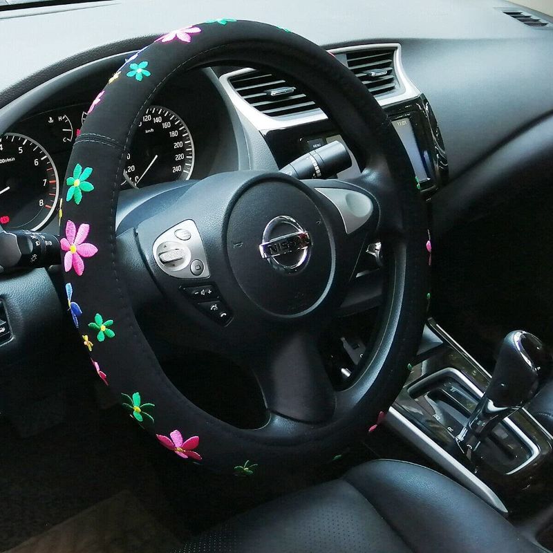 Photo 1 of Embroidery Cute Car Steering Wheel Cover for Women Ladies and Girls, Short Flannel, Universal 15 inches 