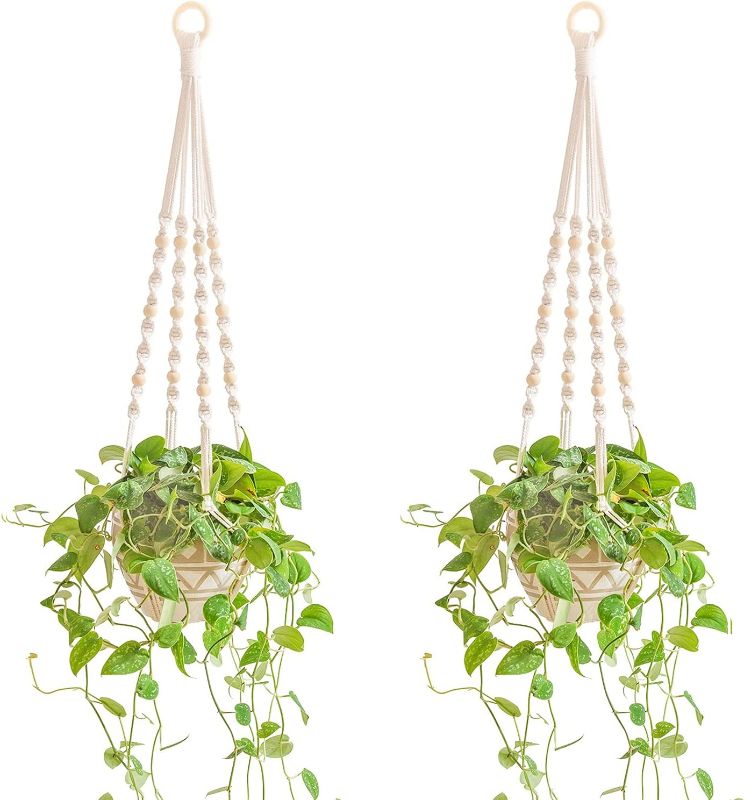 Photo 1 of 2 Pack Macrame Plant Hangers Indoor Boho Hanging Plant Holders with Wood Beads Macrame Hanging Planter Ivory 33.5" No Tassels
