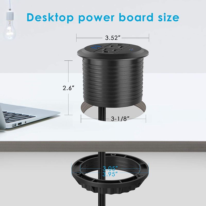 Photo 3 of Desktop Power Grommet with PD 20W Fast Charging USB C,Recessed Power Socket with 2 AC Outlets,Flush-Mount Power Grommet with 3 USB Charging Ports
