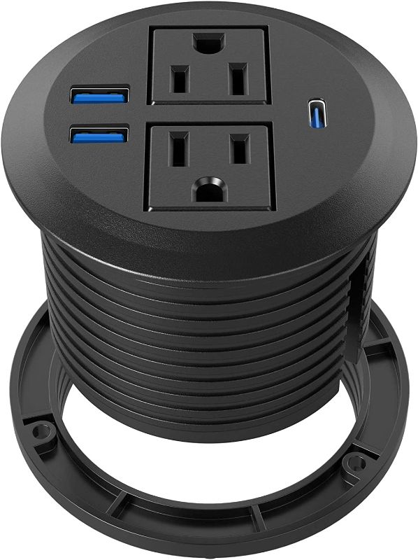 Photo 1 of Desktop Power Grommet with PD 20W Fast Charging USB C,Recessed Power Socket with 2 AC Outlets,Flush-Mount Power Grommet with 3 USB Charging Ports
