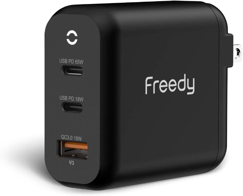 Photo 1 of Freedy 65W GaN USB-C Wall Charger Power Station Fast Charging Adapter [2 USB-C PD: 65W+18W & 1 QC 3.0] Compatible w MacBook, iPad Pro, iPhone, Microsoft Surface and More (Black)
