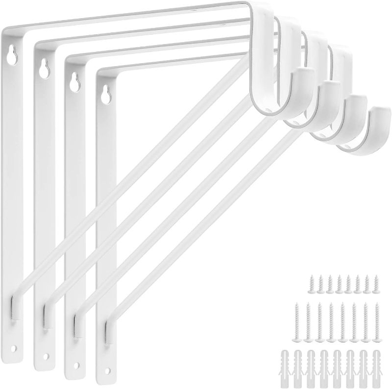 Photo 2 of 4PCS Heavy Duty Closet Rod Brackets 11 x 11 Inch, 1-3/8Inch Diameter Shelf and Rod Bracket Holder for Home and Closet Decor, White Wall Mount Closet Pole Supports Bracket Hook with Fixed Hardware
