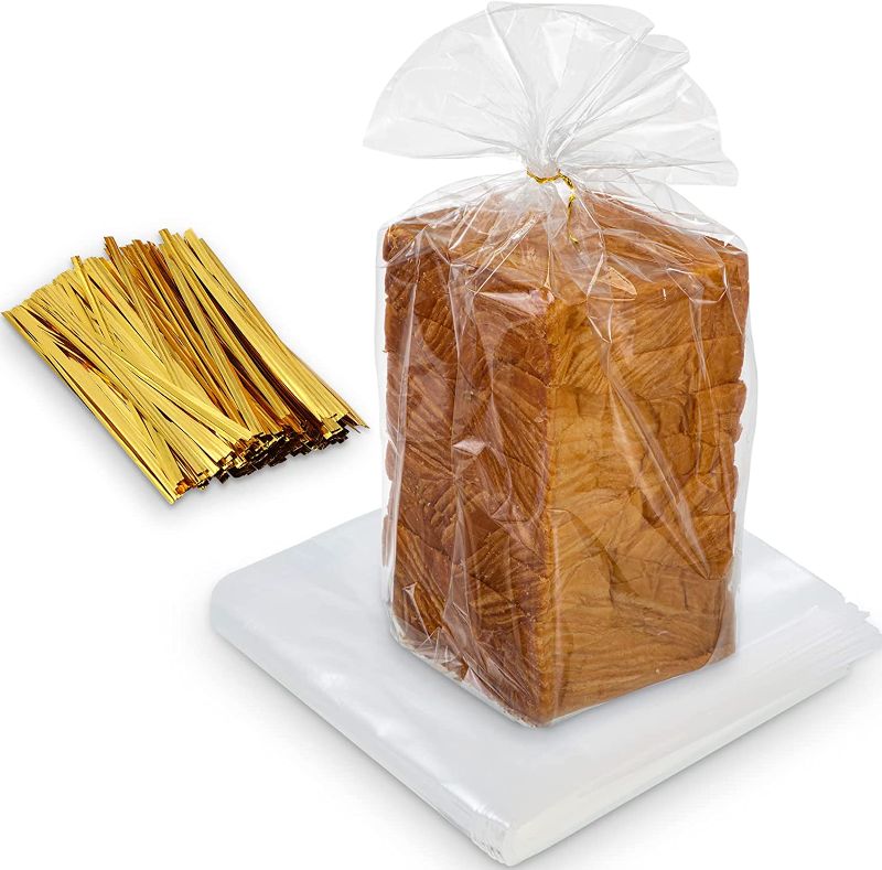 Photo 1 of 300 Sets of Bread Bags with Ties 300 Pieces Clear Bags for Bakery with 300 Pieces Gold Twist Ties Adjustable Bread Storage Bags Reusable Bread Loaf Bags Homemade Bread Storage for Home and Bakery
