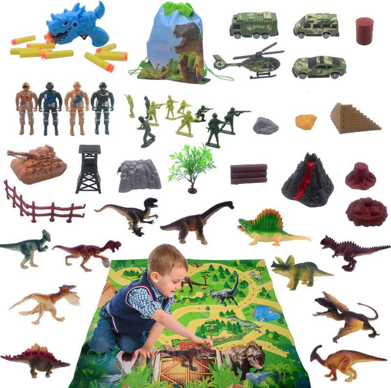 Photo 1 of Dinosaur and Army Toys&Games playset,Kids Play mat Rug,Volcano kit for Kids,Jurrassic World t rex,Velociraptor,Triceratops,Pterodactyl,Green Plastic Army Men,Soldiers,Car,Tank,Helicopter,Military Toy
