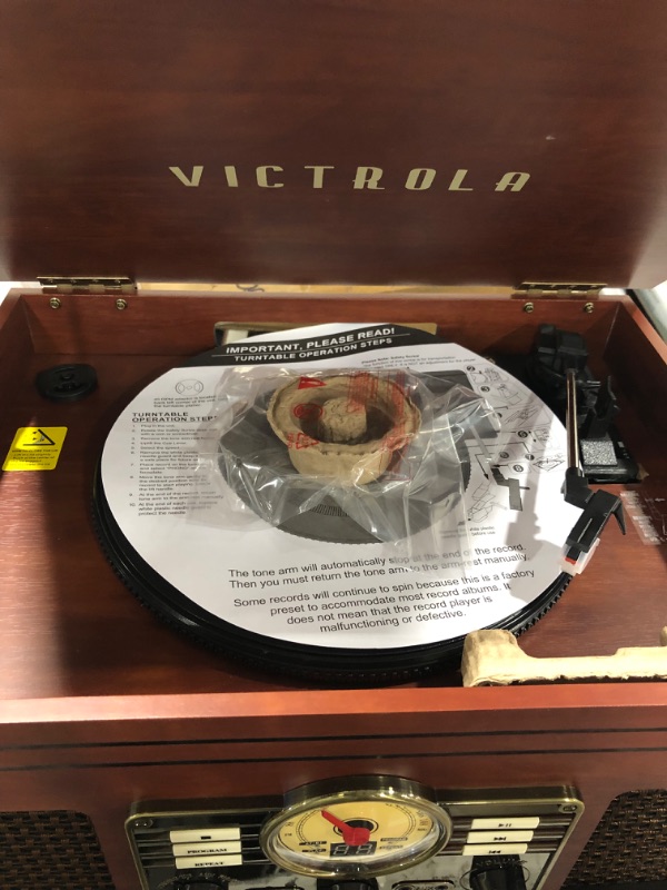 Photo 3 of Victrola Nostalgic 6-in-1 Bluetooth Record Player & Multimedia Center with Built-in Speakers - 3-Speed Turntable, CD & Cassette Player, FM Radio | Wireless Music Streaming | Mahogany Mahogany Entertainment Center