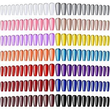 Photo 1 of 336 Pieces Long Coffin Nails Ballerina Colorful Press on Nail Tips Solid Color Artificial Fingernails Glossy Full Cover False Nails for Women and Girls Nail Art DIY 14 Colors 14 Sets (Normal Patterns)