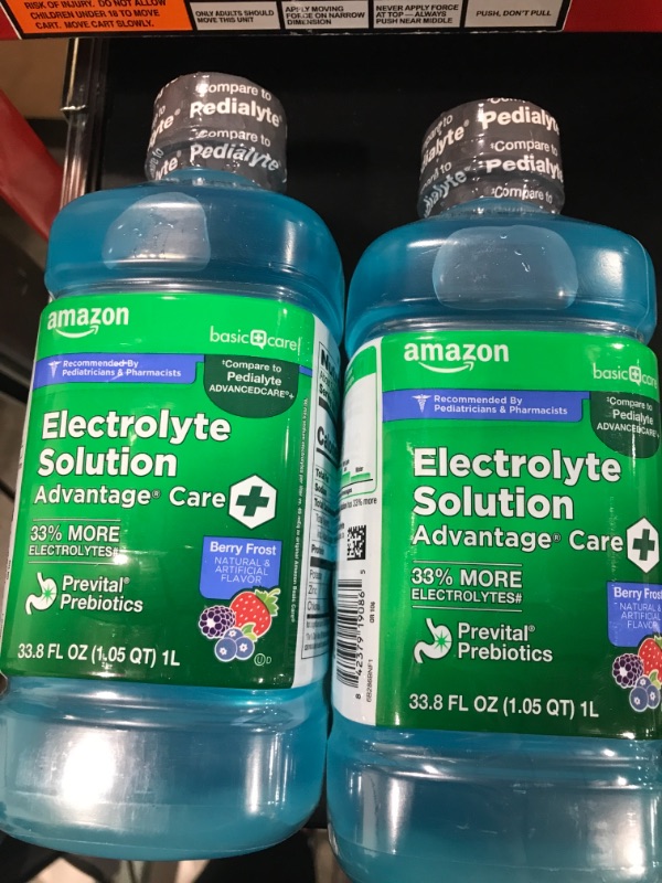 Photo 1 of Amazon Basic Care Advantage Care Electrolyte Solution with Prevital Prebiotics, BERRY FROST, Hydration Drink, Replenish Electrolytes, Fluid & Zinc, 33.8 Fluid Ounces- 2PK-BB JAN 17, 2023