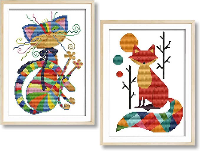 Photo 1 of 2 Pieces Diamond Painting Kits for Kids - Cat and Fox Diamond Art for Kids 6- 8 8 -12 Gem Art Mosaic Making Gift for Kids 7.2 x 9.6 Inch (Frameless)- 2PK