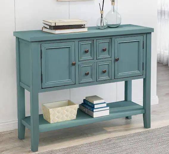 Photo 1 of 46 in. Dark Blue Standard Rectangle Wood Console Table with 4-Storage Drawers
