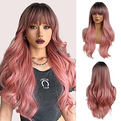 Photo 1 of 24 Inches Long Wavy Ombre Pink Natural Synthetic Hair Wigs for Women with Dark Roots for Daily Party Cosplay Use…
