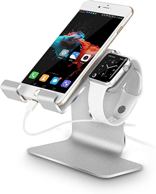 Photo 1 of Tranesca 2 in 1 Charging Stand Compatible with iwatch Series 8/7/6/5/4/3/2/1/SE (38mm/40mm/41mm/42mm/44mm/45mm) and Cell Phone/Tablet (Silver-Must Have Watch Accessories)
