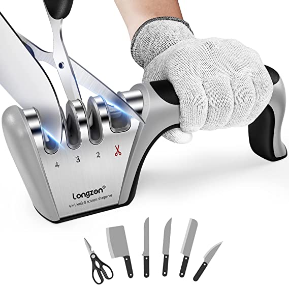 Photo 1 of 4-in-1 longzon [4 stage] Knife Sharpener with a Pair of Cut-Resistant Glove, Original Premium Polish Blades, Best Kitchen Knife Sharpener Really Works for Ceramic and Steel Knives, Scissors.