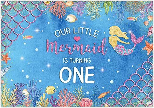 Photo 1 of Allenjoy 7x5ft Our Little Mermaid is Turning One Theme Backdrop Under the Sea Starfish Pearls Purple Scales Photography Background for Kids 1st Birthday Party Decor Banner Baby Shower Photo Booth Prop
