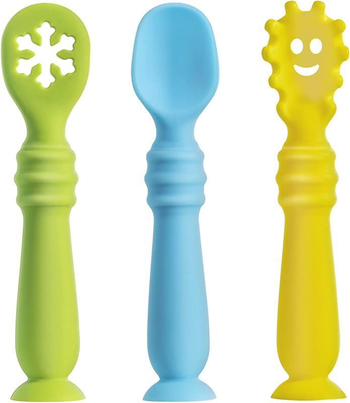 Photo 1 of Addyno Baby Silicone Spoons First Stage,Baby Spoons and Fork Set,BPA Free Dipping Chewable Self Feeding Toddler Utensils?Blue Green Yellow 3 Pack?