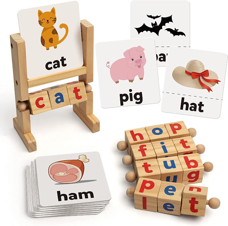 Photo 1 of Coogam Wooden Reading Blocks Short Vowel Rods Spelling Games, Flash Cards Turning Rotating Letter Puzzle for Kids, Sight Words Montessori Spinning Alphabet Learning Toy for Preschool Boys Girls
