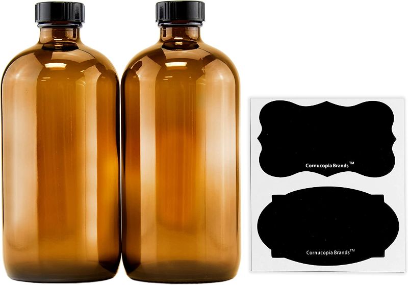 Photo 1 of 16-Ounce Amber Glass Bottles with Reusable Chalk Labels and Lids (2 Pack), Refillable Brown Boston Round Bottles, with Black 28-400 Caps
