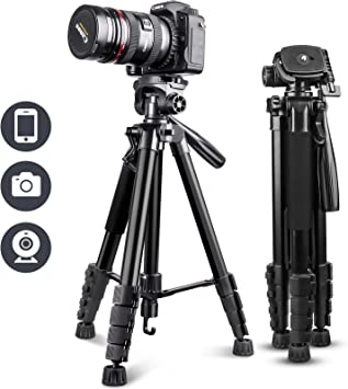 Photo 1 of  Camera Tripod with Travel Bag, Cell Phone Tripod with Wireless Remote and Phone Holder, Compatible with All Cameras, Cell Phones, Projector, Webcam, Spotting Scopes