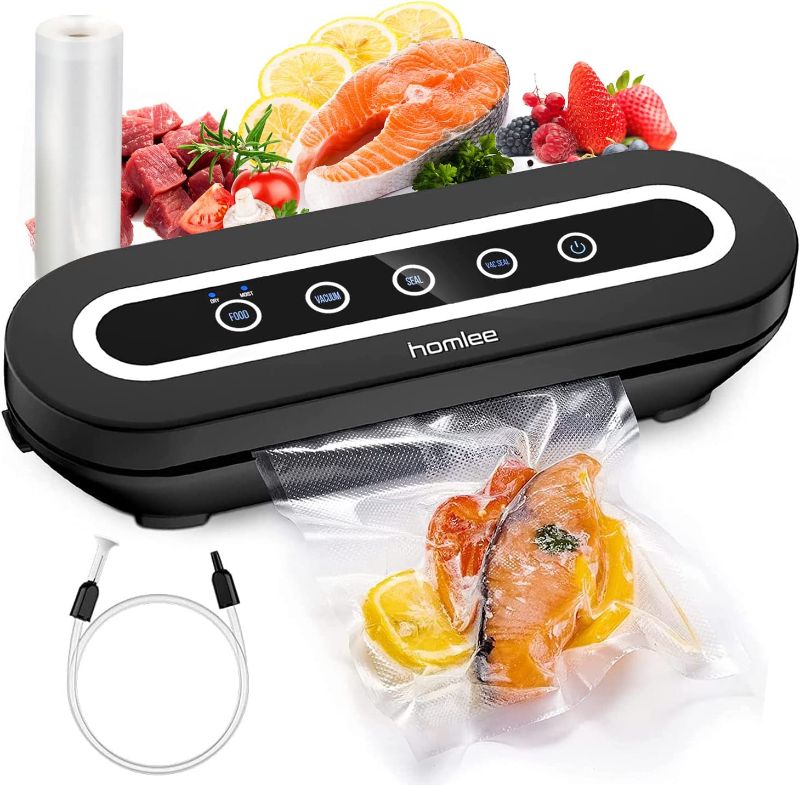 Photo 1 of HOMLEE Vacuum Sealer Machine with Air Sealing System for Food Preservation Storage, Dry and Moist Modes, Starter Kit of Hose & 50 Replaceable Bags, Easy to Clean
 