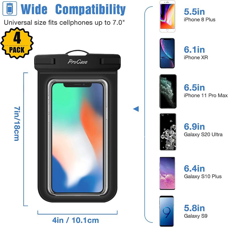 Photo 1 of ProCase Universal Cellphone Waterproof Pouch Dry Bag Underwater Case for iPhone 14 13 12 Pro Max 11 Pro Max 13 Mini Xs Max XR X 8 7, Galaxy S20 10 Ultra Note10 up to 7" -4 Pack,Black
