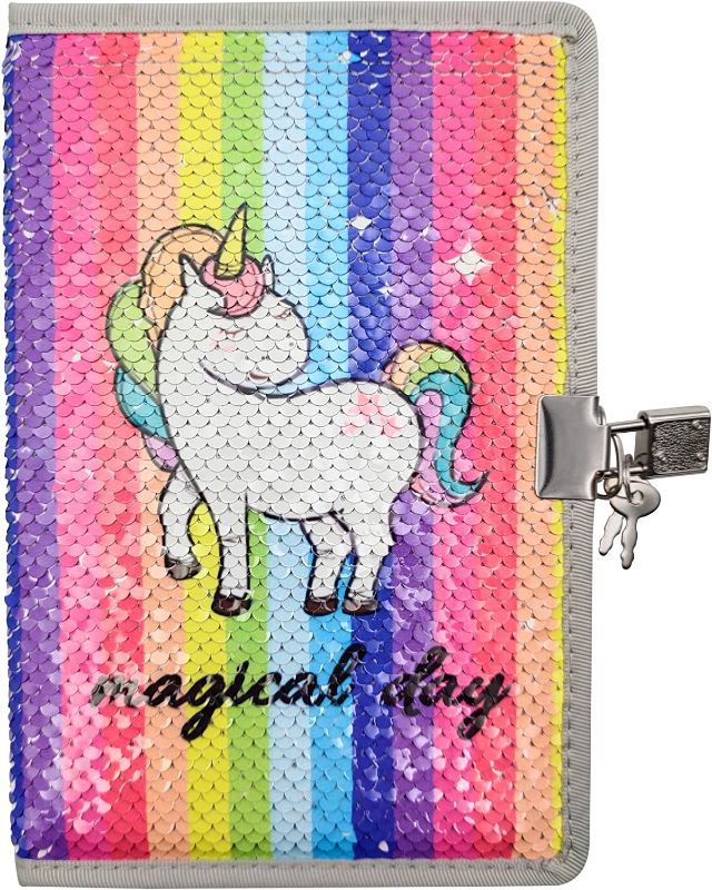 Photo 1 of Kids Journals for Girls - Unicorn Secret Diary with Lock and Key - Reversible Sequin Cute Notebook for Doodling, Drawing, Learning (Magical Day Unicorn