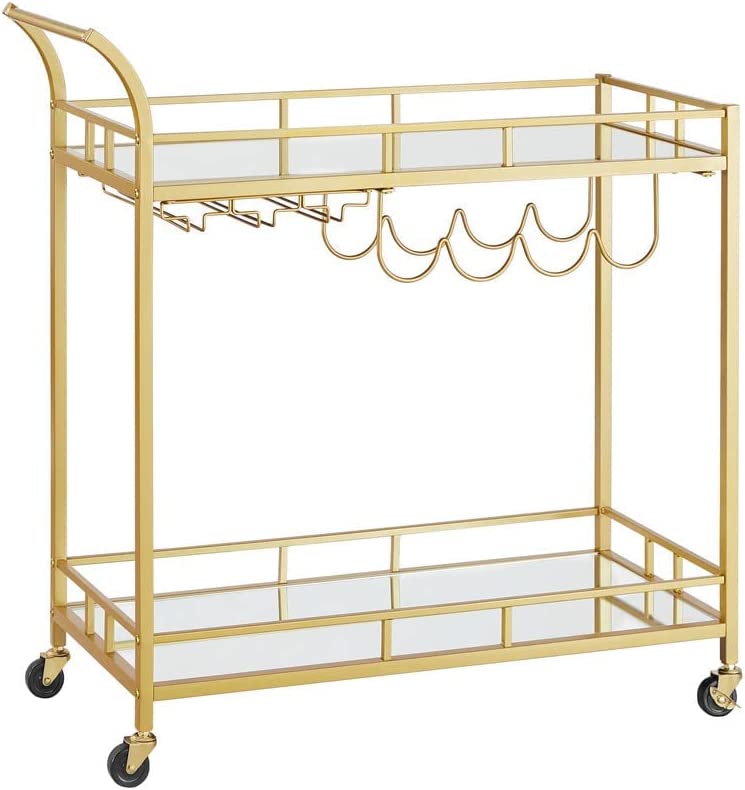 Photo 1 of VASAGLE Bar Cart Gold, Home Bar Serving Cart, Wine Cart with 2 Mirrored Shelves, Wine Holders, Glass Holders, for Kitchen, Dining Room, Gold ULRC090A03
