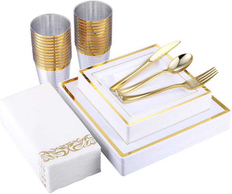 Photo 1 of 175 Piece Gold Dinnerware Set 25 Guest-50 Square Plastic Plates-25 Gold Plastic Silverware-25 Gold Plastic Cups-25 Linen Like Gold Paper Napkins, FOCUSLINE Disposable Dinnerware Set 