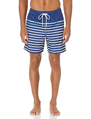 Photo 1 of Amazon Essentials Men's 7" Quick-Dry Swim Trunk, Blue, Stripe, Large
