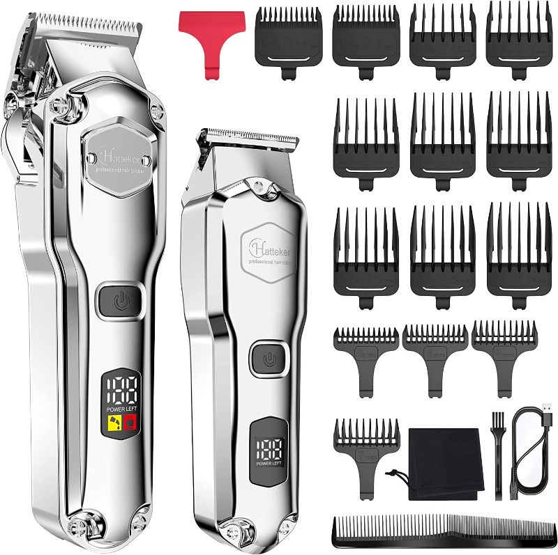 Photo 1 of Hatteker Hair Clipper & Trimmer Set for Men IPX7 Waterproof Cordless Barber Clipper for Hair Cutting Kit with T-Blade Trimmer Beard Trimmer Kids Clipper Professional USB Rechargeable (Silver)
