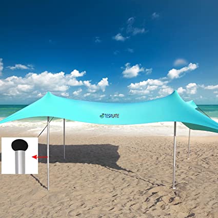 Photo 1 of 10×10 ft Family Pop Up Beach Shade Canopy Tent Sun Shelter,Waterproof,UPF50 UV Protection,Tent with 4 Aluminum Poles,4 Pole Anchors,4 Sandbag Anchors,Large & Portable Shelter Tarp, Turquoise
