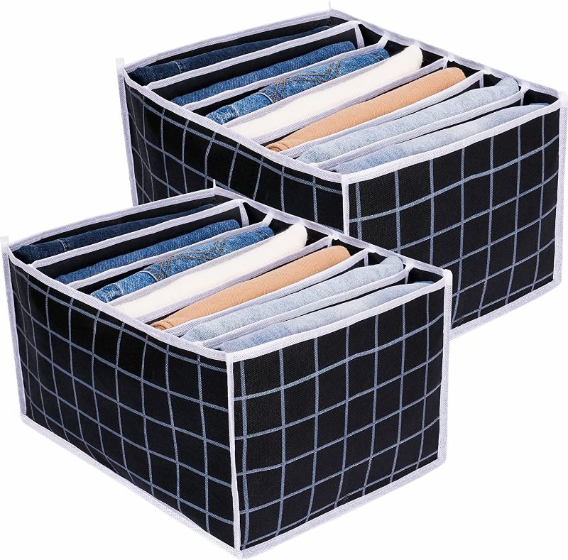 Photo 1 of [Upgraded] TOOVREN Wardrobe Clothes Organizer for Jeans 7 Grids Larger Clothing Storage Organizer Washable Closet Drawer Organizer for Folded Clothes, Thin Coats, Jeans, Leggings, Sweaters, T-shirt (Black 2PCS)
