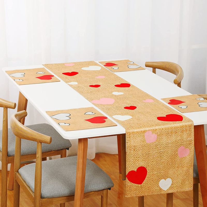 Photo 1 of 5 Pieces Table Runner for Wedding 13 x 72 Inch Long and Placemats Love Heart Burlap Rustic Decoration Washable Table Runners Decor for Bridal Party Dinner Wedding Party
