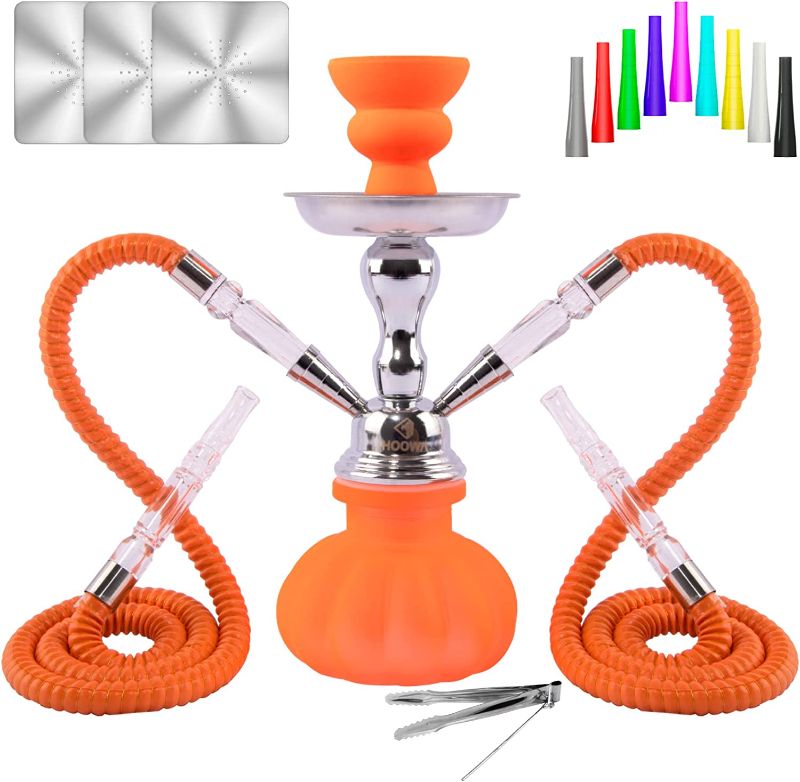 Photo 1 of 2 Hose Hookah Set 11'' Small Shisha Hookah Set With Mini Pumpkin Glass Vase, Ceramic Bowl, Leather Hose, Coal Tong, 50 Hookah Foil, 50 Disposable Tips (Orange)
